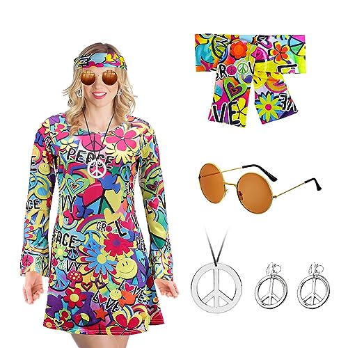 Damen 60er 70er Jahre Bekleidung mit Hippie Kleid Hippie Accessoires, 70er Mode Flower Power Kleidung Disco Outfit Kostüm Damen Hippie Bolero Karneval Faschingskostüme Mädchen für Karneval Party（L） von Occzin