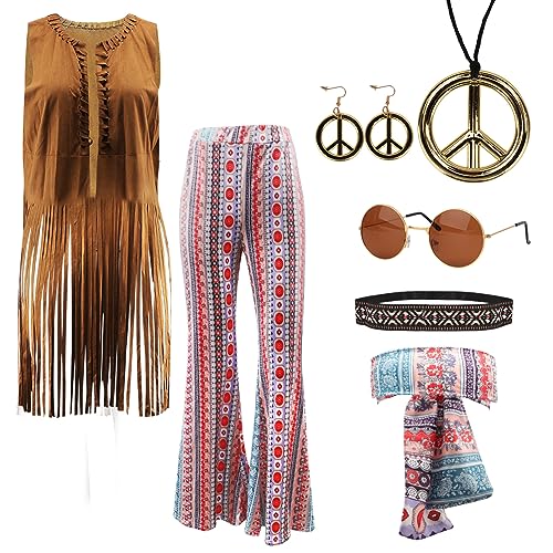 7 Stück Hippie Kostüm Damen Set, 60er 70er Jahre Bekleidung Damen mit Braun Fransenweste Schlaghose Damen Accessoires, Damen Disco Outfit Hippie Kleidung Damen Faschingskostüme für Karneval Party, XXL von Occzin