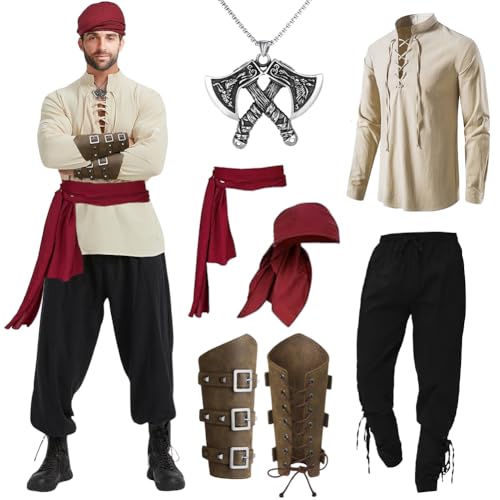 Piratenkostüm Herren 7 Stück Mittelalter Kleidung Herren Set, Herren Renaissance Kostüm Set mit Mittelalter Hose Herren Mittelalter Hemd Viking Piraten Kopftuch Gürtel Handgelenkgurt Axt-Halskette Piratenkostüm Herren 7 Stück Mittelalter Kleidung Herren Set, Herren Renaissance Kostüm Set mit Mittelalter Hose Herren Mittelalter Hemd Viking Piraten Kopftuch Gürtel Handgelenkgurt Axt-Halskette von Occzin