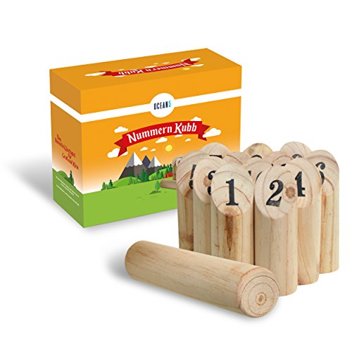 Ocean 5 - Nummern Kubb - das Zahlen Wurfspiel für draußen - Holz-Kegel Wikinger Spiel aus Skandinavien - das Geschicklichkeitsspiel für den Sommer von Ocean 5