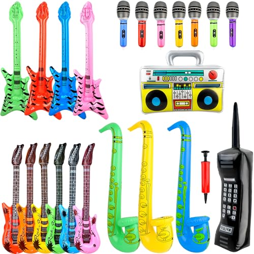 Aufblasbares Rockstar-Spielzeug-Set, 6 Gitarren, 7 aufblasbare Mikrofone, 3 Saxophon, 1 Boombox, 1 Handy, 1 Luftpumpe für Karneval, Partygeschenke, Rock-and-Roll-Partyzubehör, 19 Stück Aufblasbares Rockstar-Spielzeug-Set, 6 Gitarren, 7 aufblasbare Mikrofone, 3 Saxophon, 1 Boombox, 1 Handy, 1 Luftpumpe für Karneval, Partygeschenke, Rock-and-Roll-Partyzubehör, 19 Stück von Octaday