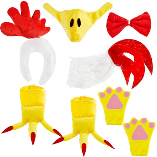 Octaday 8-teiliges Hahn-Kostüm-Zubehör, inklusive Huhn-Stirnband, Nasenmaske, Schwanz, Fliege, Füße, Schuhanzug, Handschuhe, gelb-weiß, Halloween-Tierkostüm für Halloween-Requisiten von Octaday