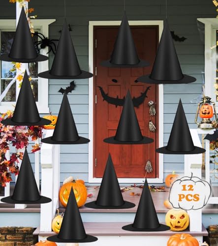 12 Stück Halloween Hexenhut Schwarz, Halloween Hängende Hexenhüte Dekoration, Hexenkostüm Zubehör, Halloween-Hexenhüte mit 100m Nylonschnur, Halloween-Dekorationen Zaubererhüte für drinnen draußen von Octonyluck