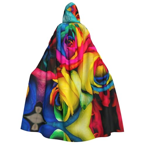 OdDdot Hexenumhang, Regenbogen-Rosen-Druck, Kapuzenumhang für Damen, Halloween-Kostüme, Hexen-Cosplay-Umhang von OdDdot