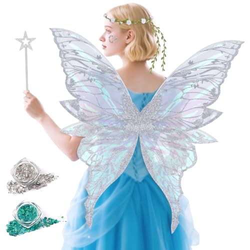 Feenflügel für Erwachsene, Halloween-Kostüme für Damen, Schmetterlingsflügel für Mädchen, Fee, Erwachsene, Damen, silberfarben von Odewhine
