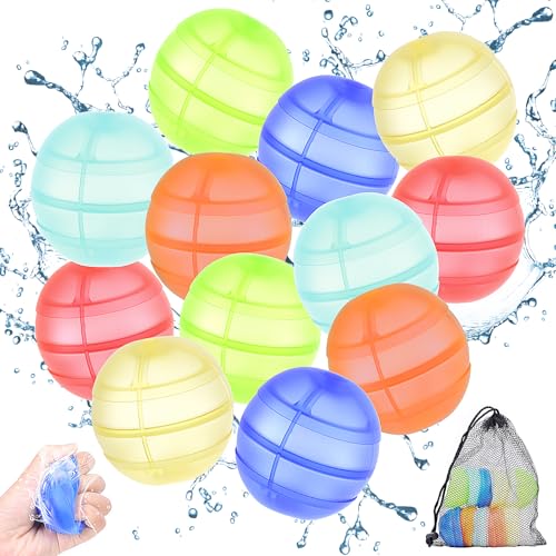 OdiuK 12 Stück Wasserbomben Wiederverwendbar, Wiederverwendbare Wasserballons mit Netzbeutel Alle Silikone Schnelles Befüllen Wasserbomben Set, Splash Bälle Wasserspielzeug für Garten Poolparty von OdiuK