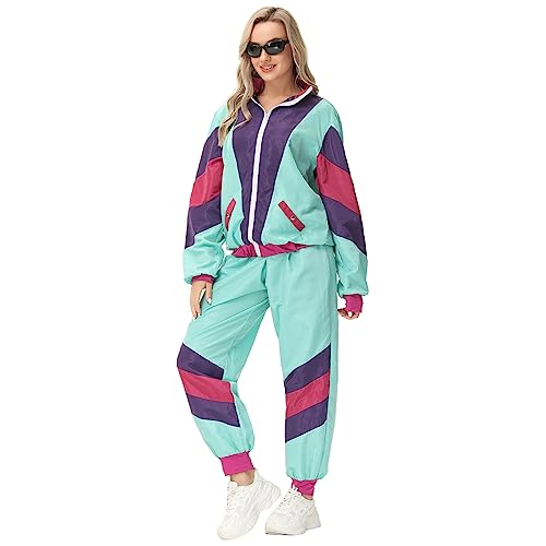 80er Jahre Outfit Damen 70er 90er Trainingsanzug Langarm Jacke und Hose Anzug Zeitreise Schlagermove Kleidung New Kids Kostüm Hippie Festival Rave Halloween Karneval Party Faschingskostüme Grün M von Odizli