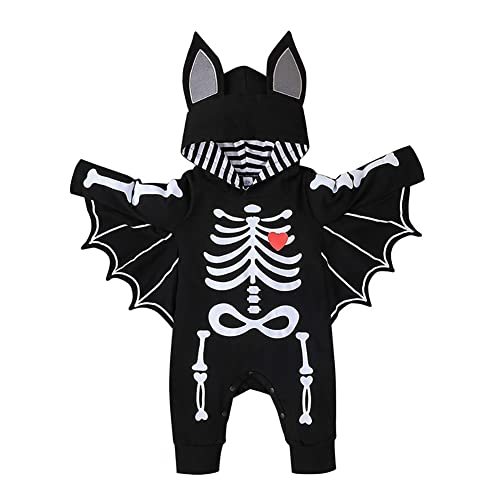 Halloween Kostüm Baby Mädchen Jungen Neugeborene Fledermaus Batman Verkleiden Lächeln Kürbis Schädel Skelett Langarm Strampler Body Overall Hut Umhang Cosplay Faschingskostüm 1#Schwarz 0-6 Monate von Odizli