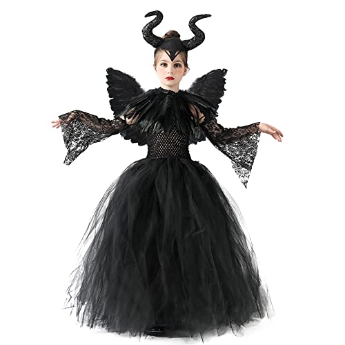 Halloween Kostüm Kinder Mädchen Maleficent Teufel Hexenkostüm Prinzessin Gestricktes Tüllkleid Festkleid Engelsflügel Hörner Teufelshörner Karneval Party Cosplay Faschingskostüme 3#Schwarz 2-3 Jahre von Odizli