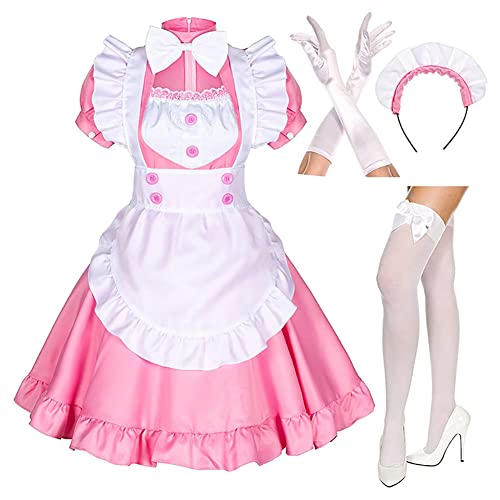 Maid Dress Cosplay Anime Girl Sexy Kleid Pelziges Katzenohr Handschuhe Socken Strümpfe Outfit Damen Halloween Kostüm Faschingskostüme Rosa 3XL von Odizli