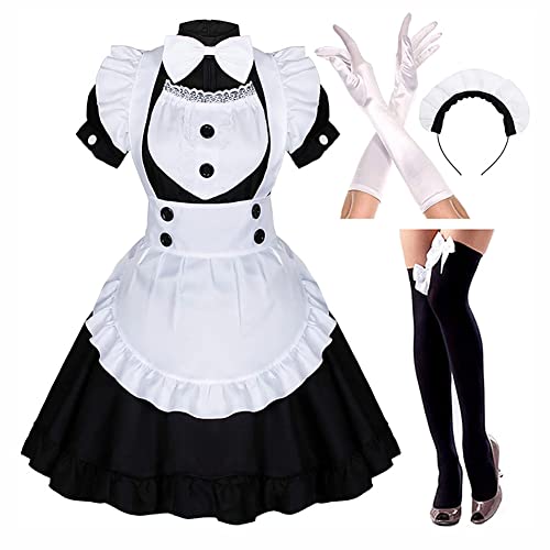 Maid Dress Cosplay Anime Girl Sexy Kleid Pelziges Katzenohr Handschuhe Socken Strümpfe Outfit Damen Halloween Kostüm Faschingskostüme Schwarz 03 M von Odizli