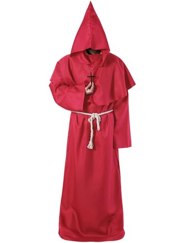 ODIZLI Mönchskostüm für Herren, mittelalterliche Renaissance, Priester, Robe, Halskette, Halloween, Cosplay, Kostüm, Erwachsenenumhang, langer Umhang, Weinrot, XXL ODIZLI Mönchskostüm für Herren, mittelalterliche Renaissance, Priester, Robe, Halskette, Halloween, Cosplay, Kostüm, Erwachsenenumhang, langer Umhang, Weinrot, XXL von Odizli