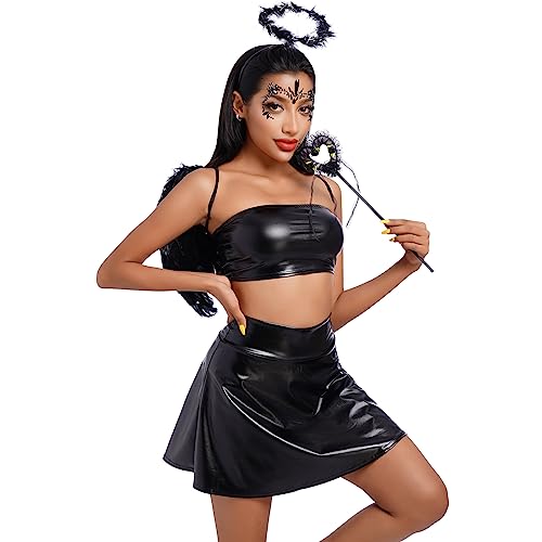 Odizli Halloween Kostüm Damen Erwachsene Teufel Engel Cosplay Metallic Crop Top + Rock + Engelsflügel Flügel + Heiligenschein Stirnband + Zauberstab Karneval Fasching Faschingskostüme Schwarz#A M Odizli Halloween Kostüm Damen Erwachsene Teufel Engel Cosplay Metallic Crop Top + Rock + Engelsflügel Flügel + Heiligenschein Stirnband + Zauberstab Karneval Fasching Faschingskostüme Schwarz#A M von Odizli