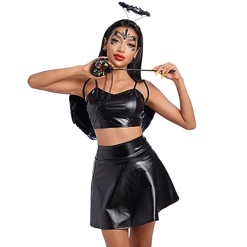 Odizli Halloween Kostüm Damen Erwachsene Teufel Engel Cosplay Metallic Crop Top + Rock + Engelsflügel Flügel + Heiligenschein Stirnband + Zauberstab Karneval Fasching Faschingskostüme Schwarz#B XL Odizli Halloween Kostüm Damen Erwachsene Teufel Engel Cosplay Metallic Crop Top + Rock + Engelsflügel Flügel + Heiligenschein Stirnband + Zauberstab Karneval Fasching Faschingskostüme Schwarz#B XL von Odizli