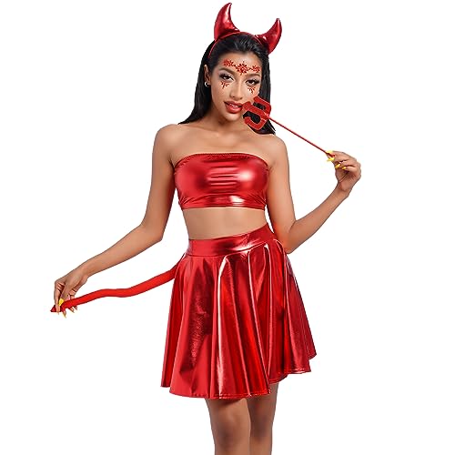 Odizli Halloween Kostüm Damen Erwachsene Teufel Vampir Cosplay Metallic Crop Top + Rock + Teufelshörner Haarreif + Magie Dreizack + Schwanz Weihnachten Karneval Fasching Faschingskostüme Rot#A M von Odizli