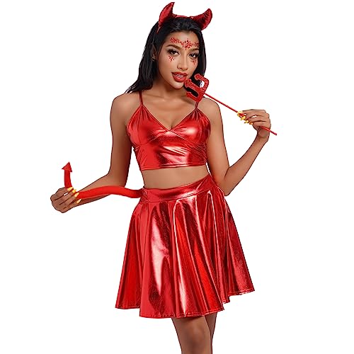 Odizli Halloween Kostüm Damen Erwachsene Teufel Vampir Cosplay Metallic Crop Top + Rock + Teufelshörner Haarreif + Magie Dreizack + Schwanz Weihnachten Karneval Fasching Faschingskostüme Rot#B XL Odizli Halloween Kostüm Damen Erwachsene Teufel Vampir Cosplay Metallic Crop Top + Rock + Teufelshörner Haarreif + Magie Dreizack + Schwanz Weihnachten Karneval Fasching Faschingskostüme Rot#B XL von Odizli