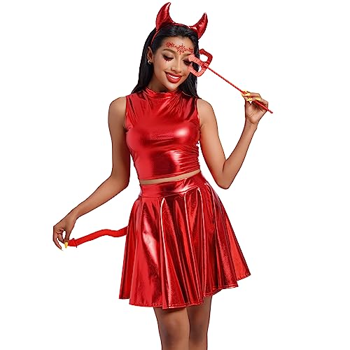 Odizli Halloween Kostüm Damen Erwachsene Teufel Vampir Cosplay Metallic Crop Top + Rock + Teufelshörner Haarreif + Magie Dreizack + Schwanz Weihnachten Karneval Fasching Faschingskostüme Rot#C XL Odizli Halloween Kostüm Damen Erwachsene Teufel Vampir Cosplay Metallic Crop Top + Rock + Teufelshörner Haarreif + Magie Dreizack + Schwanz Weihnachten Karneval Fasching Faschingskostüme Rot#C XL von Odizli