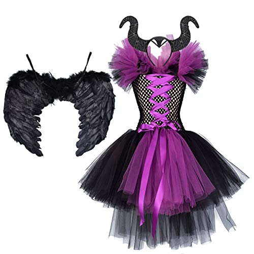 Odizli Kinder Mädchen Maleficent Kostüm Teufel Vampir Hexenkostüm Prinzessin Verkleiden Gestricktes Tüllkleid Festkleid+Engelsflügel+Horn Halloween Karneval Party Cosplay Violett 02 5-6 Jahre von Odizli