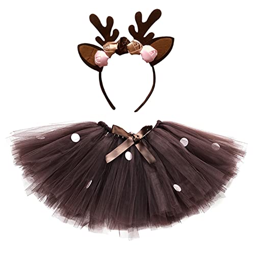 Odizli Weihnachten Kostüm Kinder Mädchen Elch Cosplay Verkleiden Prinzessin Tütü Tüllrock+Rentier Haarreifen 2-teiliges Weihnachtsoutfit (3-8 Jahre) Dunkelbraun Elch 9-12 Jahre von Odizli