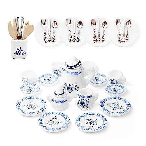 Odoria 1/12 Miniatur Teeservice Set Teller und Besteck Puppenhaus Zubehör, Blaue Blütenblätter von Odoria
