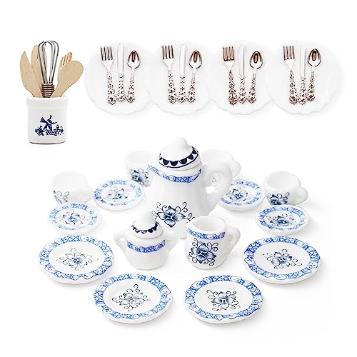 Odoria 1/12 Miniatur Teeservice Set Teller und Besteck Puppenhaus Zubehör, Blaue Blütenblätter Odoria 1/12 Miniatur Teeservice Set Teller und Besteck Puppenhaus Zubehör, Blaue Blütenblätter von Odoria