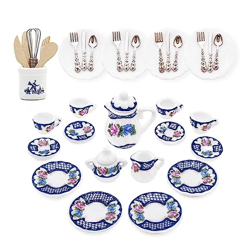 Odoria 1/12 Miniatur Teeservice Set Teller und Besteck Puppenhaus Zubehör, Blaue Blume von Odoria