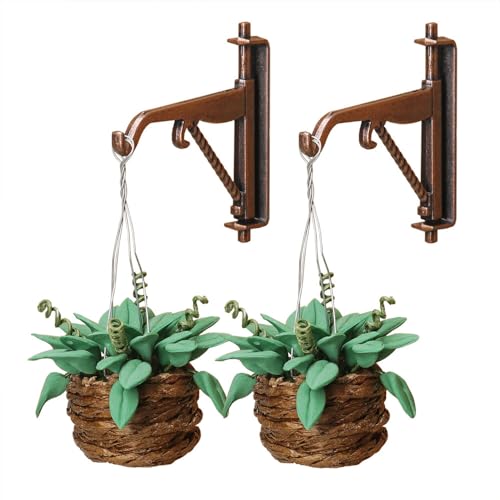 Odoria 1/12 Miniatur Puppenhaus Hängepflanze und Pflanzenhalterung Miniaturen Pflanzen Blumenampelhalter Wandhaken für Blumenampel Puppenstube Deko Zubehör, Dunkelgrün von Odoria