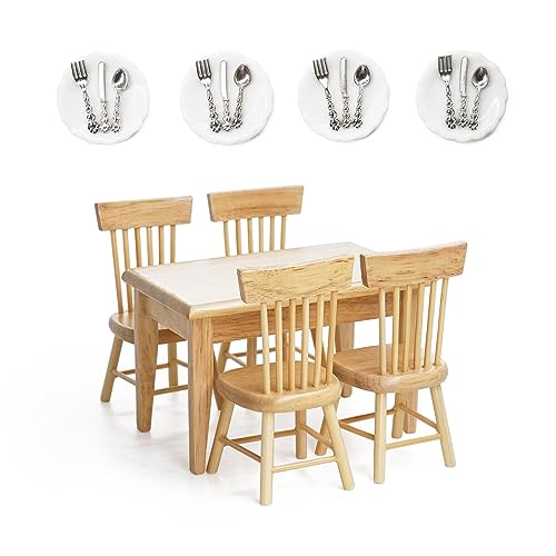 Odoria 1/12 Miniatur Tisch und Stühle Teller und Besteck Puppenhaus Küchenmöbel Zubehör, Holzfarbe von Odoria