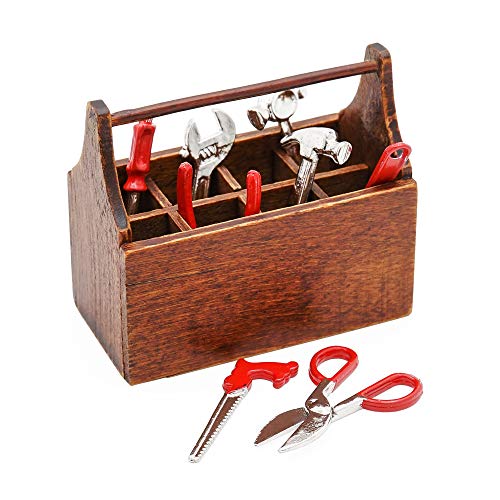 Odoria 1/12 Miniatur Werkzeugkasten Werkzeugkiste Holz mit Werkzeug 8 Stück Puppenhaus Zubehör von Odoria