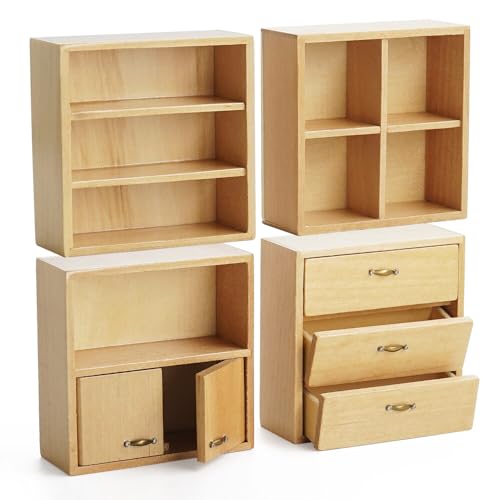 Odoria Puppenhaus Bücherregal Wandregale Miniatur: 1/12 Maßstab Regal Offen für Wohnzimmer Büro Modern - Mini Möbel Holz Neutral 4 STK - Wand Sideboard Würfel Stapelbar von Odoria