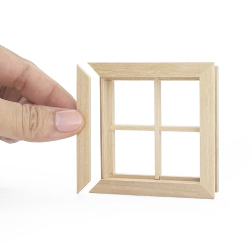 Odoria Puppenhaus Fenster Holz Miniatur: 1/12 Maßstab Fensterrahmen Quadratisch Vintage Viktorianisch für Wichtel Diorama Handwerk Modell DIY - Mini Bauteile Gebäude Möbel Unlackiert 4 Gitter von Odoria