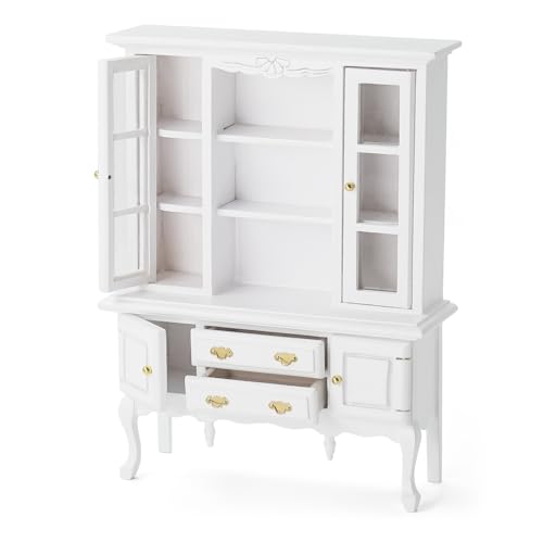 Odoria Puppenhaus Schrank Miniatur Küchenregal: 1/12 Maßstab Bücherregal Weiß für Bibliothek Büro Vintage Landhaus - Mini Esszimmer Wohnzimmer Möbel Holz mit Schublade Antik von Odoria