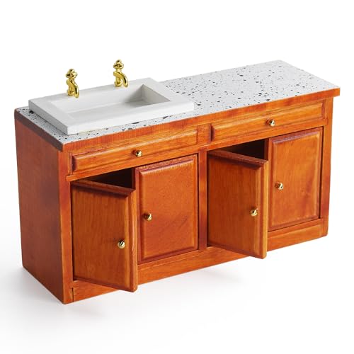 Odoria Puppenhaus Spüle Miniatur Schrank: 1/12 Maßstab Küchentheke mit Waschbecken für Vintage Restaurant Badezimmer Speisekammer Antik Retro - Mini Küche Möbel Braun Holz DIY von Odoria