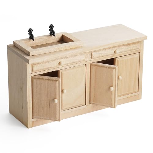 Odoria Puppenhaus Spüle Miniatur Schrank: 1/12 Maßstab Küchentheke mit Waschbecken für Vintage Restaurant Badezimmer Speisekammer Antik Retro - Mini Küche Möbel Unlackiert Holz DIY von Odoria