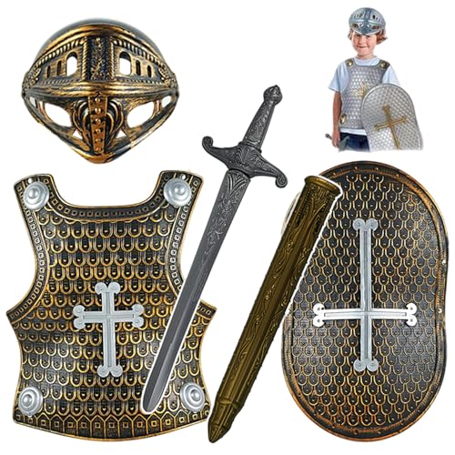 Odoukey 4pcs/Set Knight Rüstung, Kinder mittelalterlich Kostüm umfassen Helmschildschwert -Rüstung für Rollenspiele Cosplay Halloween Bronze von Odoukey