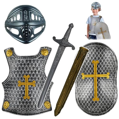 Odoukey 4pcs/Set Knight Rüstung, Kinder mittelalterlich Kostüm umfassen Helmschildschwert-Rüstung für Rollenspiele Cosplay Halloween Silver-Grau von Odoukey