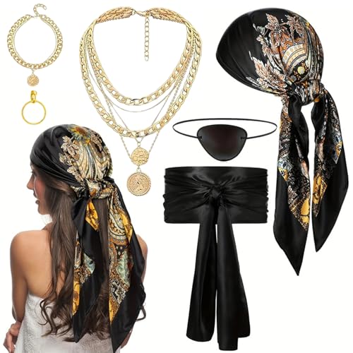 Odoukey 6pcs/festgelegte Piratenkostüminnen Frauen, Accessoires für Männer Frauen Piratenhut Kopf Schal Korsett Gürtel Kleid Halloween Cosplay von Odoukey