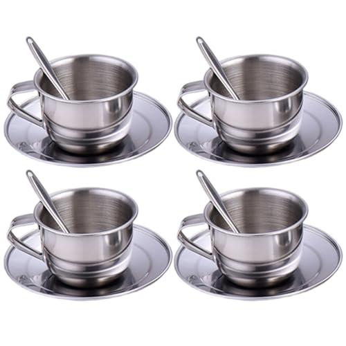 Odoukey Tee-Set für Kinder, hitzebeständige Edelstahl mit 4 70 ml Tasse 4 Saucer-Löffel für Mädchen und Jungen von Odoukey
