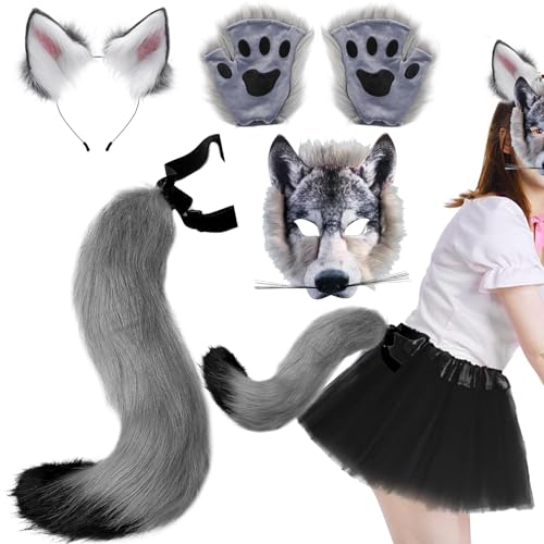 Odoukey Wolfspaws, Wolfsmaske mit Wolfspaws & Wolf Ohren und Heckset Realistische pelzige Wolf Kostüm DIY Dekorative Kostüme für Halloween Masquerade Cosplay Odoukey Wolfspaws, Wolfsmaske mit Wolfspaws & Wolf Ohren und Heckset Realistische pelzige Wolf Kostüm DIY Dekorative Kostüme für Halloween Masquerade Cosplay von Odoukey