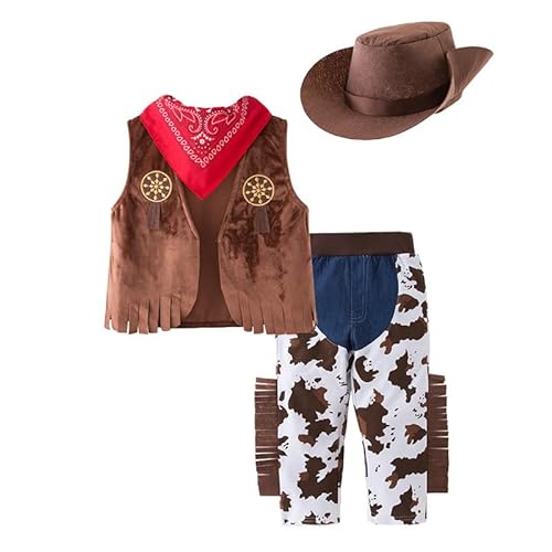 Jungen Mädchen Cowboy-Kostüm 4-teilige Weste + Hose + Hut + Bandana Amerika Wild Western Cowboy Outfits Set Kinder Kostüm für Halloween Party Dress Up,Rollenspiel Und Cosplay 1-8 Jahre von Odziezet