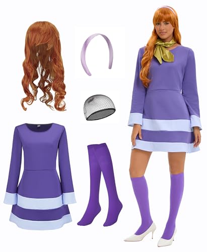 Oerinkend Deluxe Halloween Kostüm für Damen Lila Kleid mit passenden Accessoires - Komplettes Set enthält Perücke, Schal, Stirnband, Socken (M) von Oerinkend