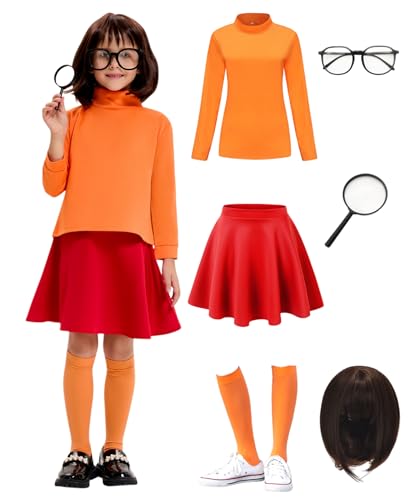 Oerinkend Halloween-Kostüm für Mädchen, luxuriöses rotes Rock-Set mit Perücke, Lupenbrille, Socken und Accessoires (M(7-8 Jahre)) von Oerinkend