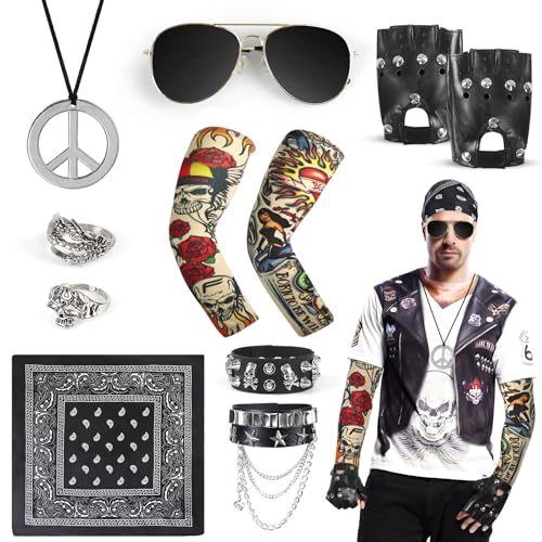 11pcs Rock Heavy Metal Accessories, Gothic Rocker Costume with Fake Tattoo Sleeves Covers Bandana Sunglasses Necklaces Bracelet Rings Gloves Punk Accessories for Men Women Kids 80s Party Cosplay 11pcs Rock Heavy Metal Accessories, Gothic Rocker Costume with Fake Tattoo Sleeves Covers Bandana Sunglasses Necklaces Bracelet Rings Gloves Punk Accessories for Men Women Kids 80s Party Cosplay von Oerphh