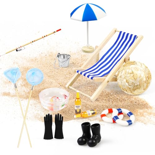 16 Stück Miniatur Puppenhaus Zubehör Set Miniatur Angelrute Set–Angelrute, Liegestuhl, Sonnenschirm, Miniatur Zubehör, DIY Mini Deko für Puppenhaus Dekoration Strand-Szene und Wichtel-Garten von Oerphh