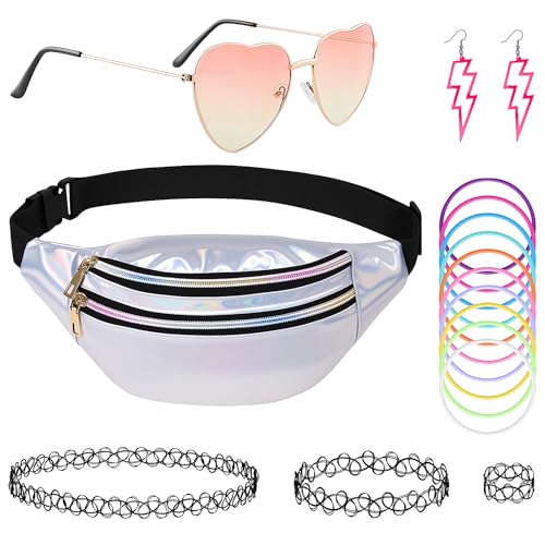 16-teiliges 80er-Jahre-Kostüm für Damen und Mädchen, Kostüm-Zubehör, 90er-Jahre-Kostüm-Zubehör, inklusive Bumbags, Choker, Herz, Brille, Halsketten, Ring, Armband, Ohrringe von Oerphh
