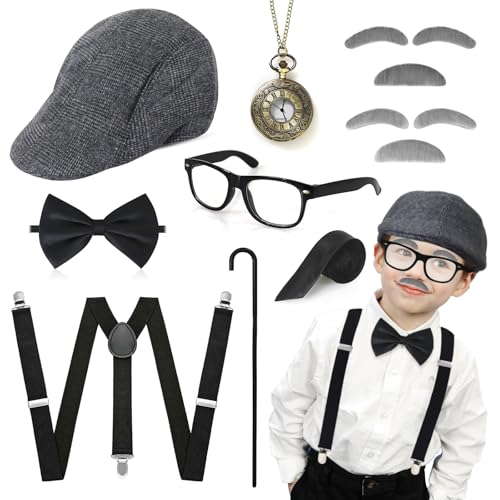 Oerphh Herren Gatsby Kostüm für Kinder & Erwachsene - 1920er Jahre Zubehör mit Hut, Fliege, Taschenuhr, Brille, Bart & Krücke - Cosplay Verkleiden für Vintage-Enthusiasten & Halloween Oerphh Herren Gatsby Kostüm für Kinder & Erwachsene - 1920er Jahre Zubehör mit Hut, Fliege, Taschenuhr, Brille, Bart & Krücke - Cosplay Verkleiden für Vintage-Enthusiasten & Halloween von Oerphh