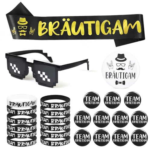 Oerphh 26 Stück JGA Bräutigam Party Set – Schärpe, 12 Abzeichen, 12 Armbänder & Pixel-Brille – JGA Deko Accessoires für Junggesellenabschied, Hochzeit, Verlobung, Foto Requisiten von Oerphh