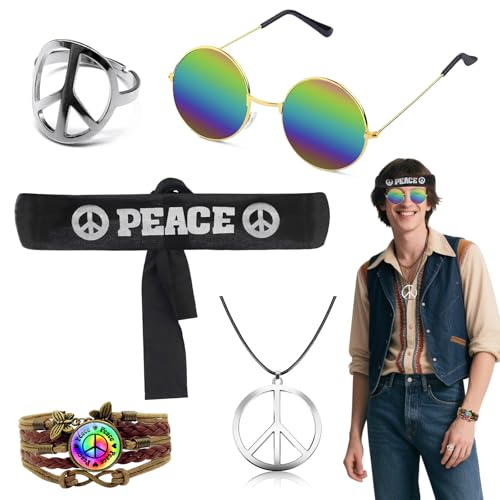 5 Stück Hippie Kostüm Set, Peace Zubehör mit Stirnband, Sonnenbrille, Halskette, Armband & Ring, 60er 70er Jahre Retro Kostüm Accessoires für Herren Damen Karneval Mottoparty Festival von Oerphh