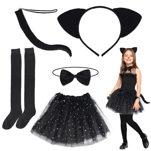 5-teiliges Katzenkostüm, schwarzes Katzenkostüm-Set mit Stirnbändern, Fliege, Schwanz, Socken und Tutu mit Sternmuster, Tier-Kostüm-Set mit Zubehör für Halloween, Geburtstag, Karneval, Welttag des 5-teiliges Katzenkostüm, schwarzes Katzenkostüm-Set mit Stirnbändern, Fliege, Schwanz, Socken und Tutu mit Sternmuster, Tier-Kostüm-Set mit Zubehör für Halloween, Geburtstag, Karneval, Welttag des von Oerphh