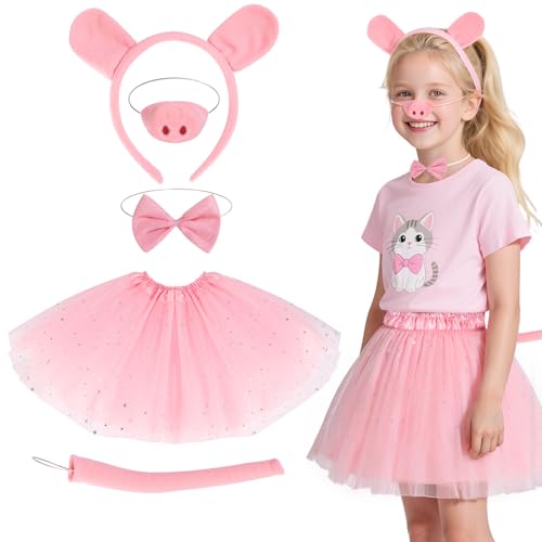 5-teiliges Schweine-Kostüm-Set mit rosa Tutu-Rock, Schweine-Stirnband, Nase, Fliege und Schwanz, Schweine-Verkleidungsset für Kinder, Weltbuchtag, Halloween, Geburtstag, Party, Cosplay, Outfit von Oerphh
